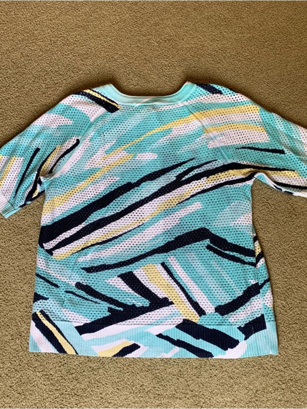 CJ Banks Top Womens Lg Blue Stripe Full Zip Short Sleeve Pocket Open Knit Cotton - Picture 11 of 12